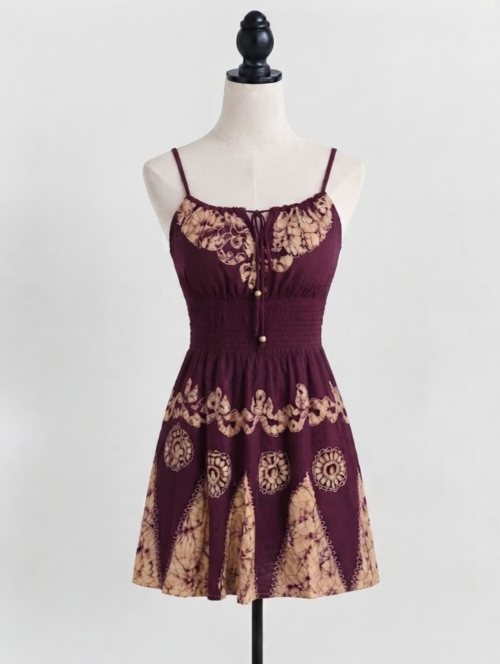 Boho Embroidered Midi Dress – Deep Wine Red – Size M